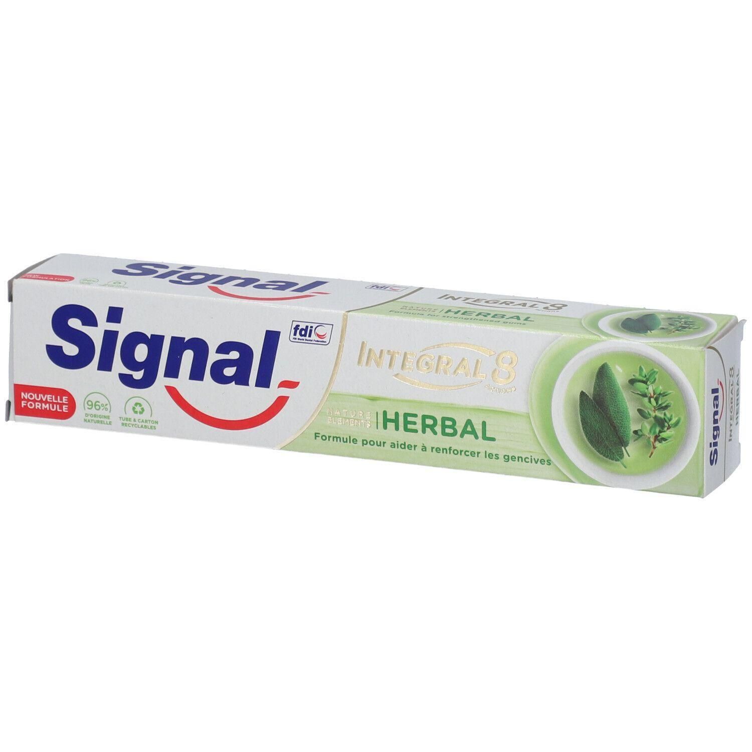 Signal Tandpasta Integral 8 Herbal in een wit-groene verpakking met kruidenafbeelding.