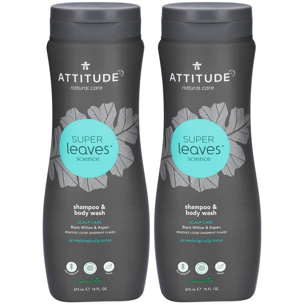 Deux bouteilles Attitude Super Leaves Shampoo & Body Wash, motif feuilles.