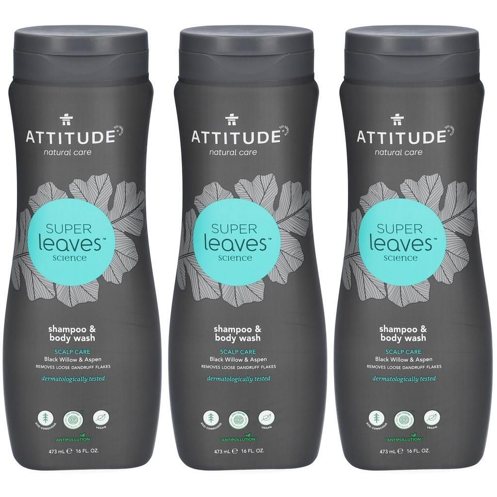 Drie flessen Attitude Super Leaves Shampoo & Body Wash, 473ml.