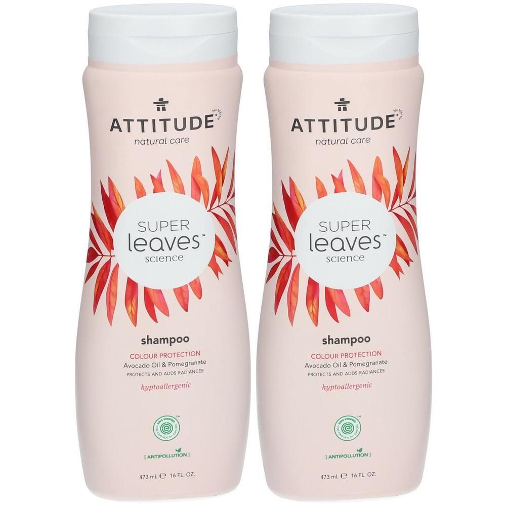 Deux bouteilles de shampooing Attitude Super Leaves pour cheveux colorés, à l'huile d'avocat et à la grenade.