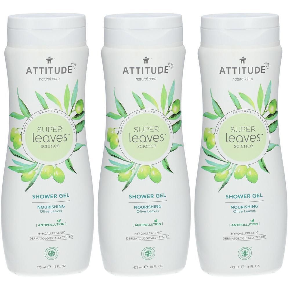 Trois bouteilles de gel douche Attitude aux feuilles d'olivier, 473ml.
