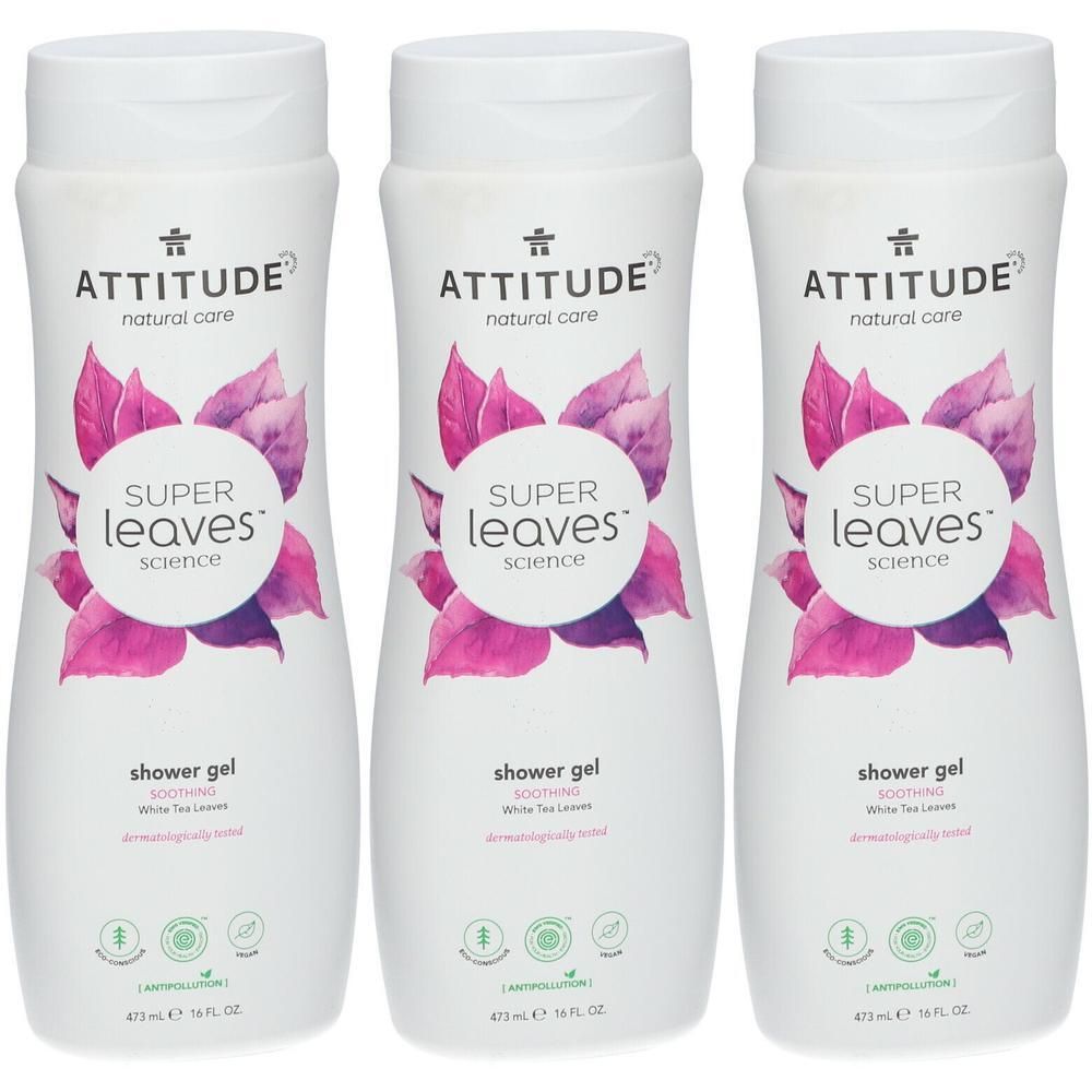 Drie witte flessen Attitude Super Leaves Douchegel met paarse bladeren en tekst. 473 ml / 16 fl. oz.