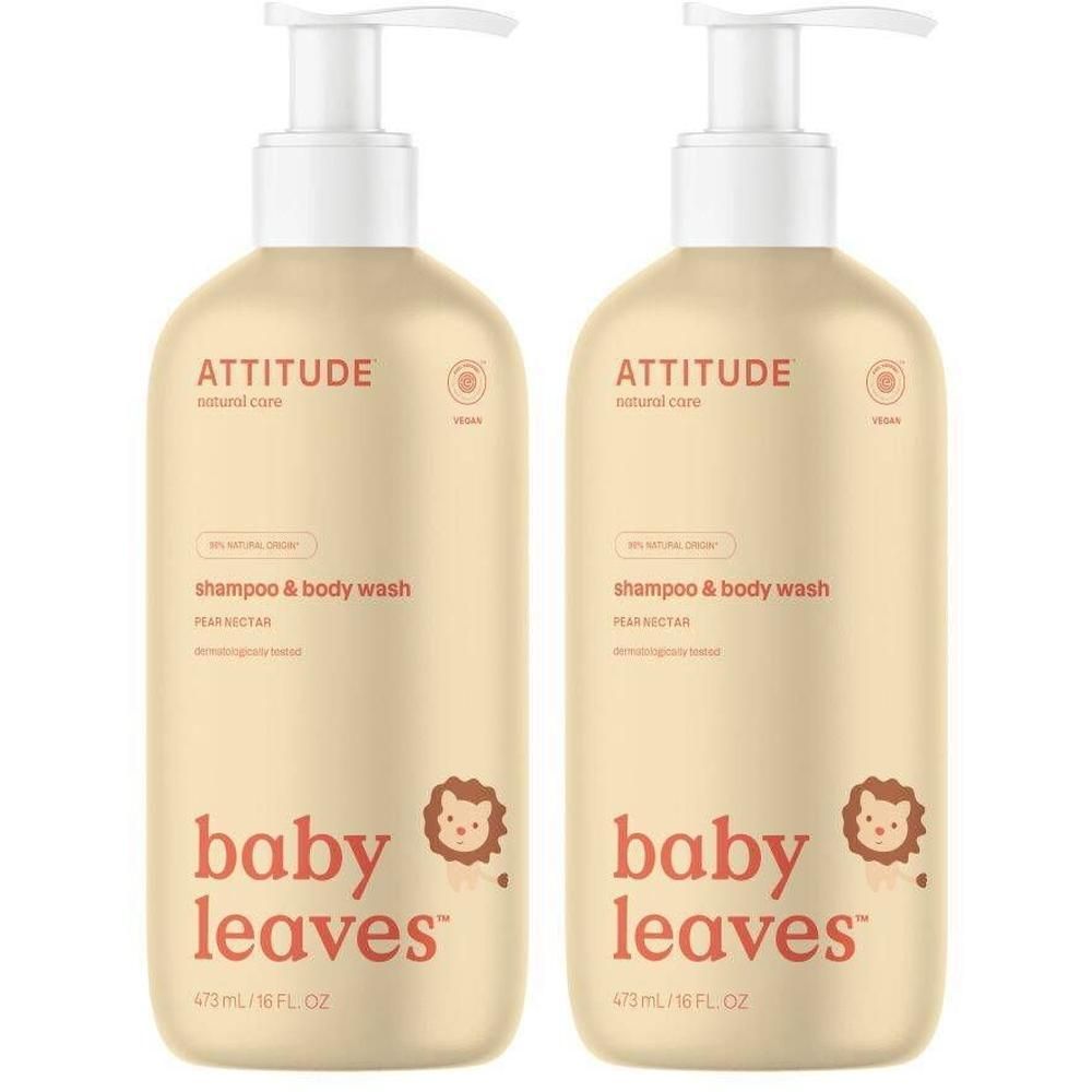 Twee flessen Attitude Baby Leaves 2-in-1 Shampoo & Body Wash, Peer & Nectarine, 473 ml.