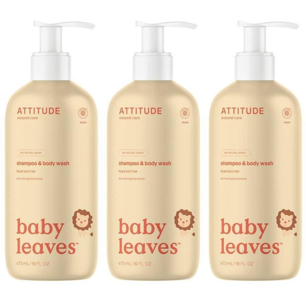 Trois bouteilles Attitude Baby Leaves 2-en-1 Shampoing & Gel Nettoyant, Poire & Nectar.