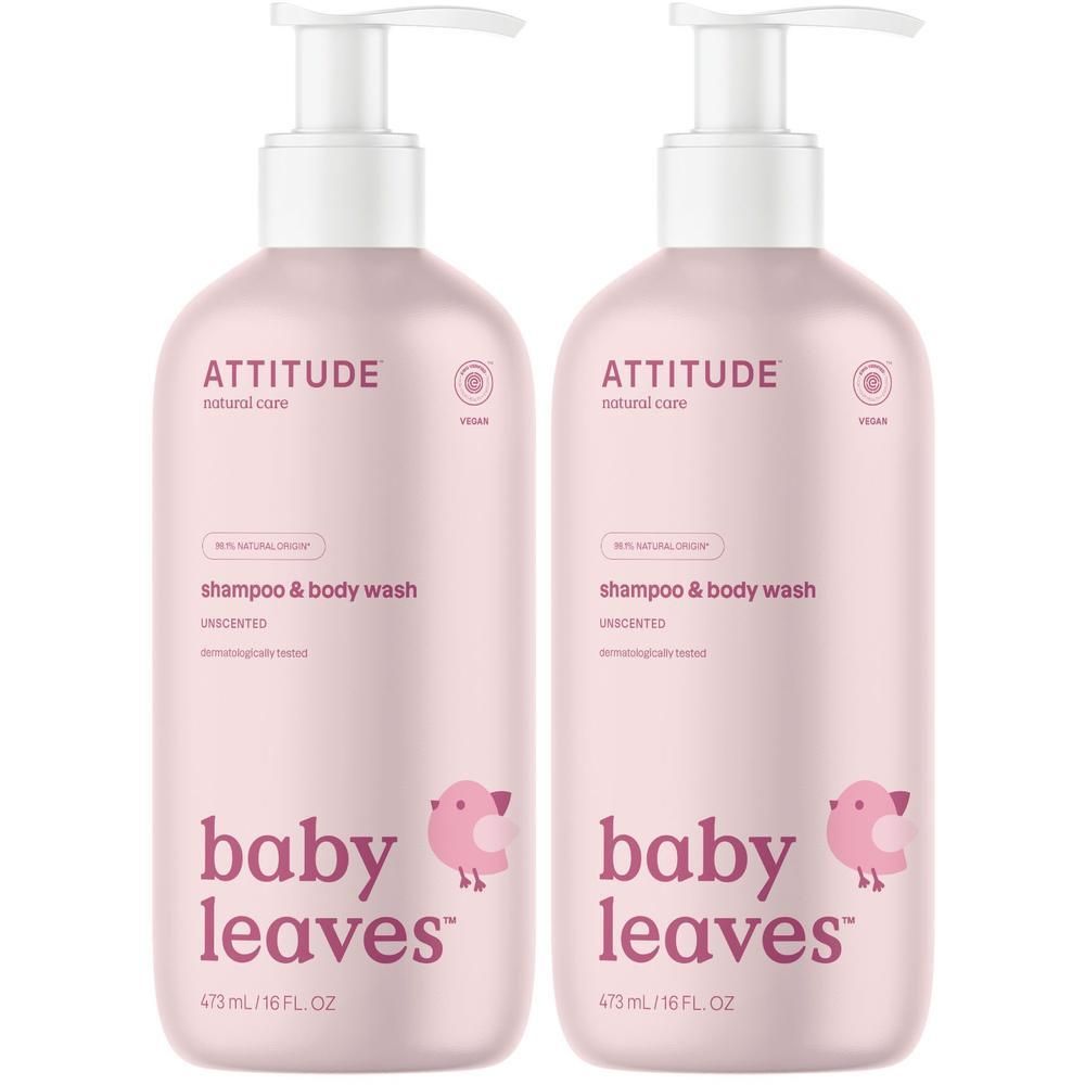 Twee roze pompflesjes Attitude Baby Leaves Shampoo & Body Wash, ongeparfumeerd.