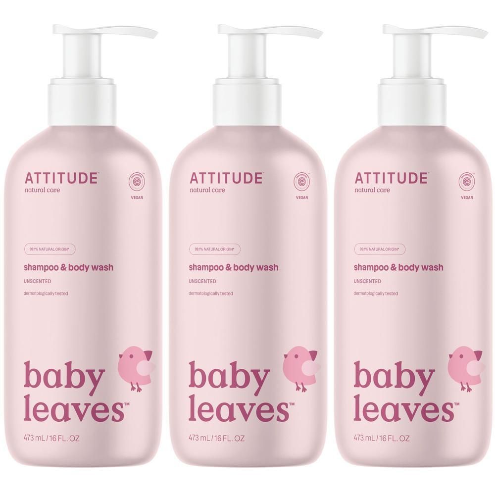 Trois flacons pompe roses Attitude Baby Leaves Shampoo & Body Wash, non parfumé.