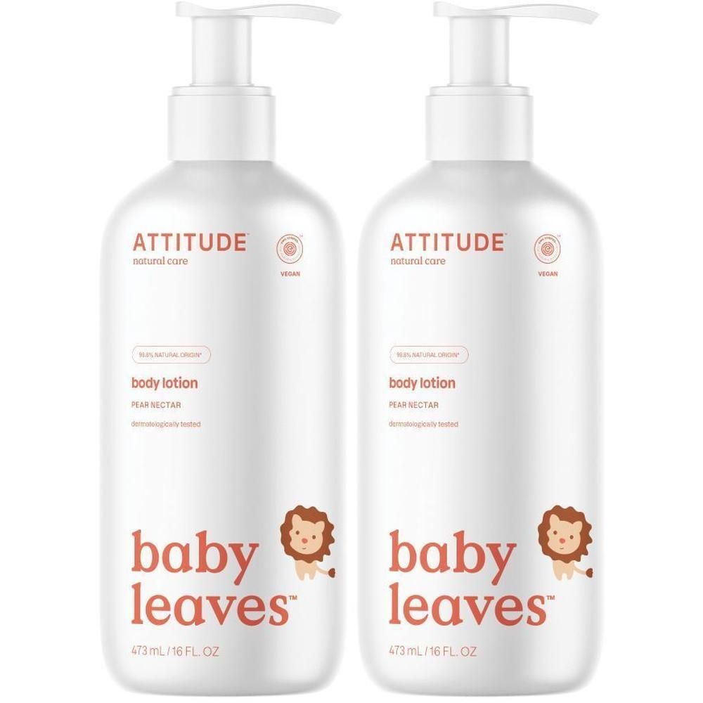 Deux flacons pompe blancs Attitude Baby Leaves Lait pour le corps nectar de poire.
