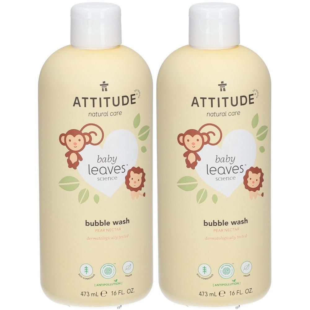 Twee flessen Attitude Baby Leaves Bubble Wash met Perennectar. 473 ml.