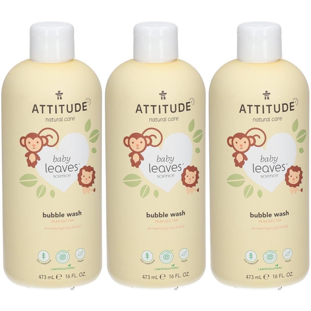 Drie flessen Attitude Baby Leaves Bubble Wash met aap- en hartmotief. 473 ml / 16 FL OZ.