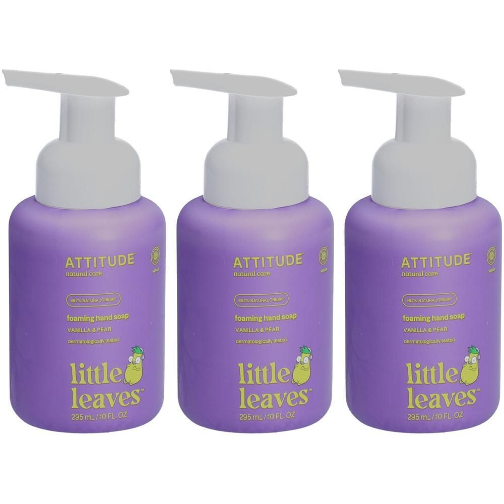 Drie paarse schuimzeepdispensers, merk ATTITUDE little leaves, geur Vanille & Peer.