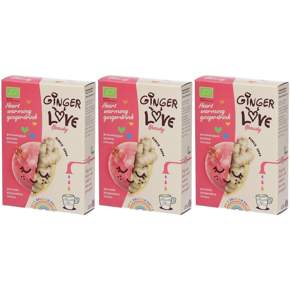 Drie pakken GingerLove Beauty hartverwarmende gemberdrank met gember en citroen.