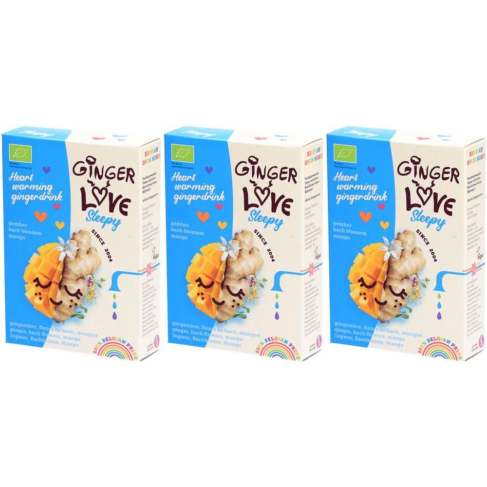 Drie pakken Ginger Love Sleepy Gemberdrank met mango en Bach bloesems. Hartverwarmende gemberdrank.