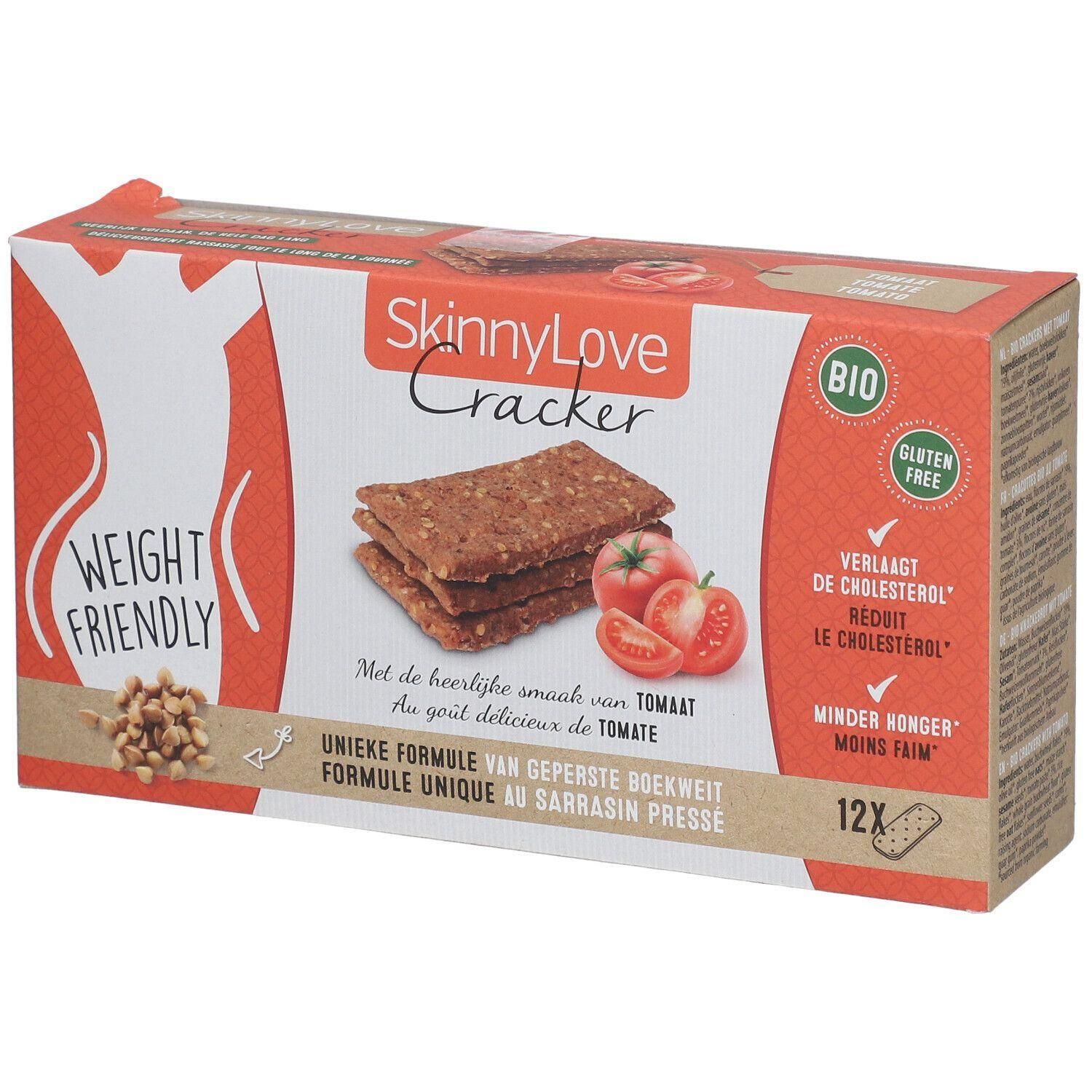 Verpakking SkinnyLove Cracker Tomaat Bio, glutenvrij, met 12x crackers.