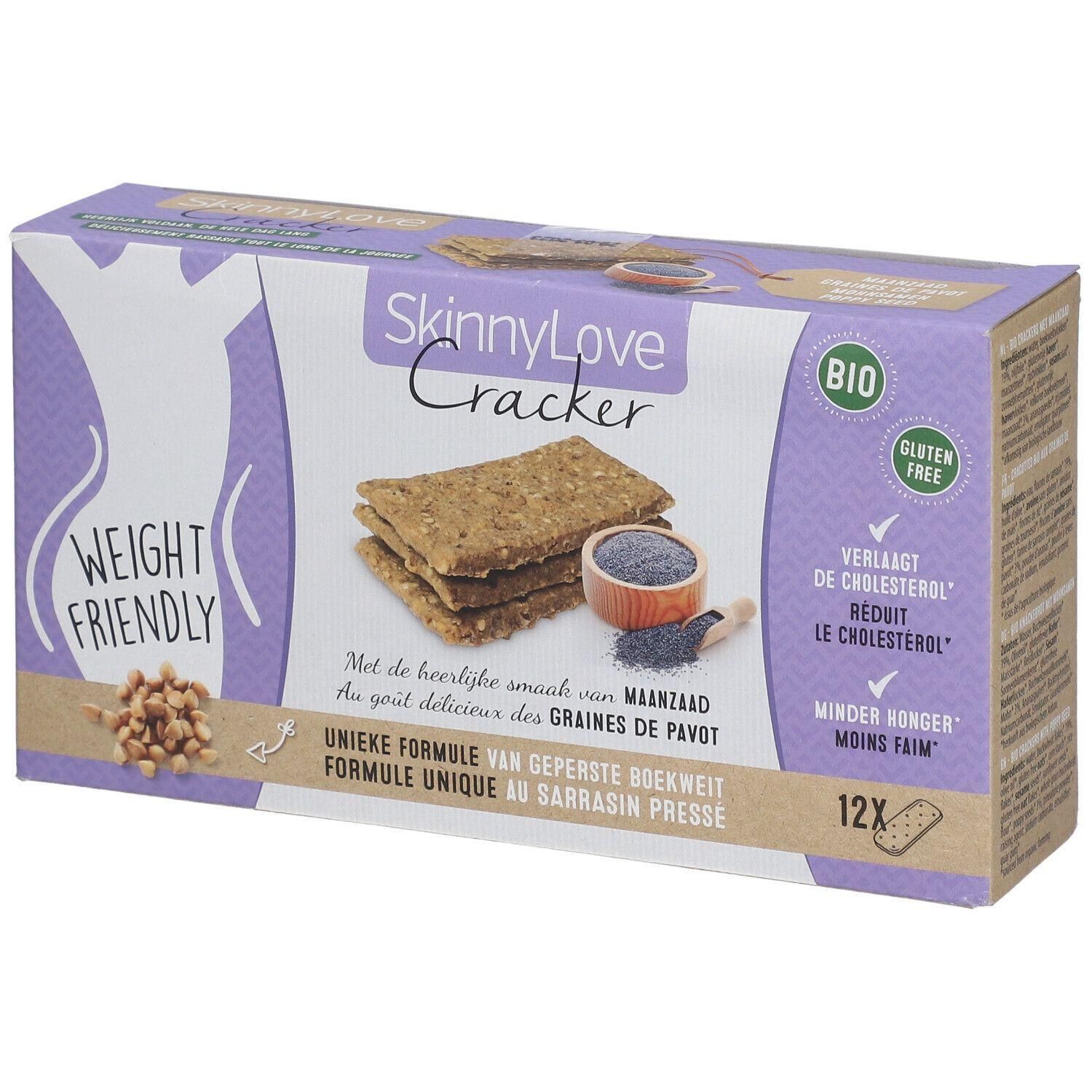 Boîte de crackers SkinnyLove aux graines de pavot et sarrasin. Bio, sans gluten, friendly weight.