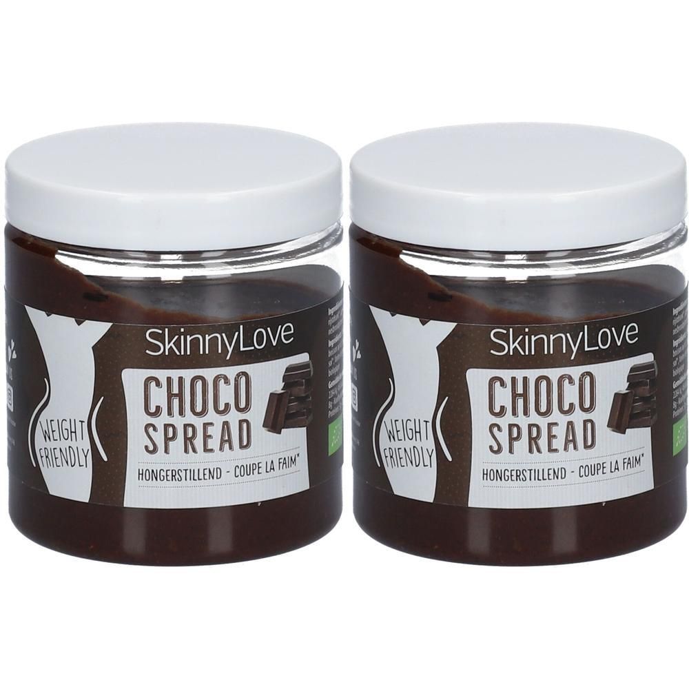 Deux pots de pâte à tartiner au chocolat avec couvercles blancs. Étiquette "SkinnyLove Choco Spread" et "Weight Friendly".