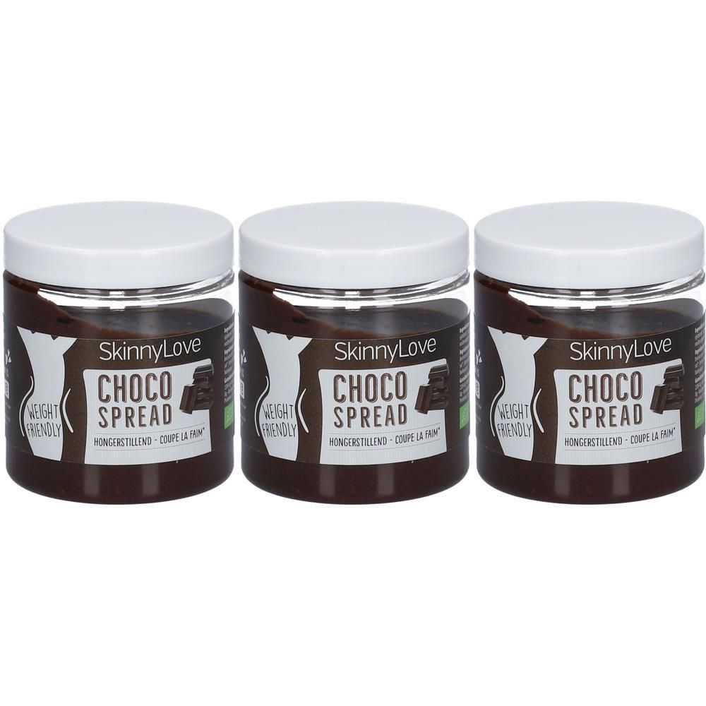 Trois pots de SkinnyLove Choco Spread avec couvercle blanc. L'étiquette indique "SkinnyLove Choco Spread" et une silhouette.