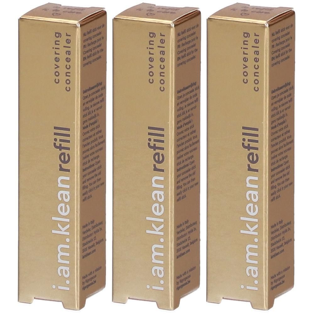 Trois boîtes dorées pour i.am.klean Covering Concealer Refill.