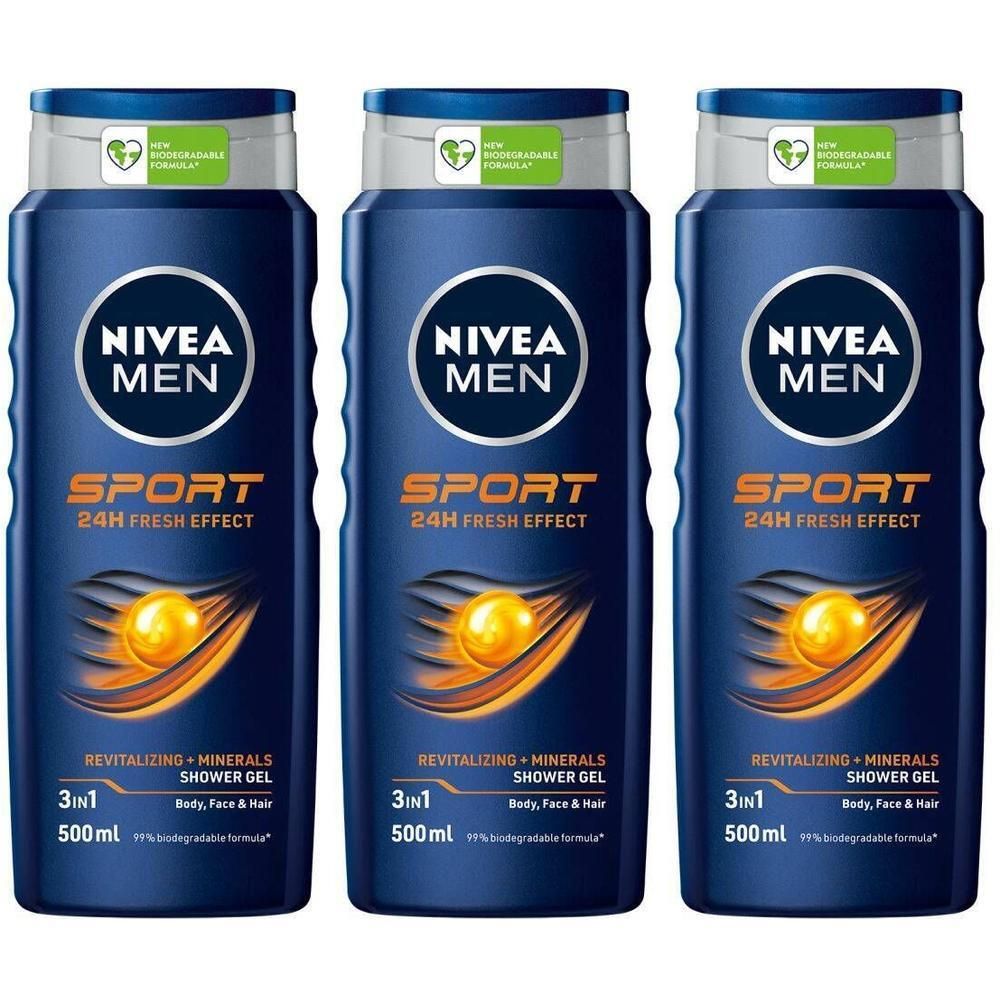 Drie Nivea Men Sport 3-in-1 douchegel flessen met 24 uur frisse effect.
