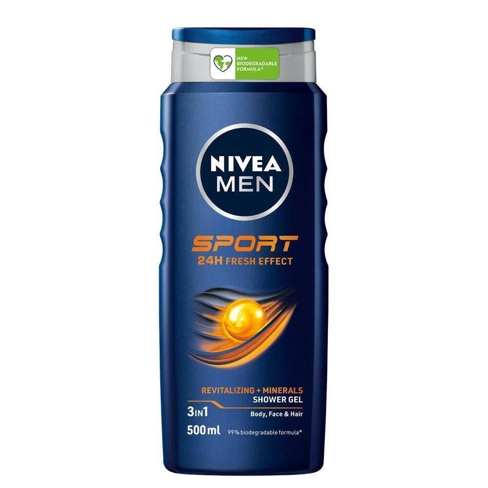 Gel douche Nivea Men Sport 3-en-1 pour corps, visage et cheveux, 500ml.