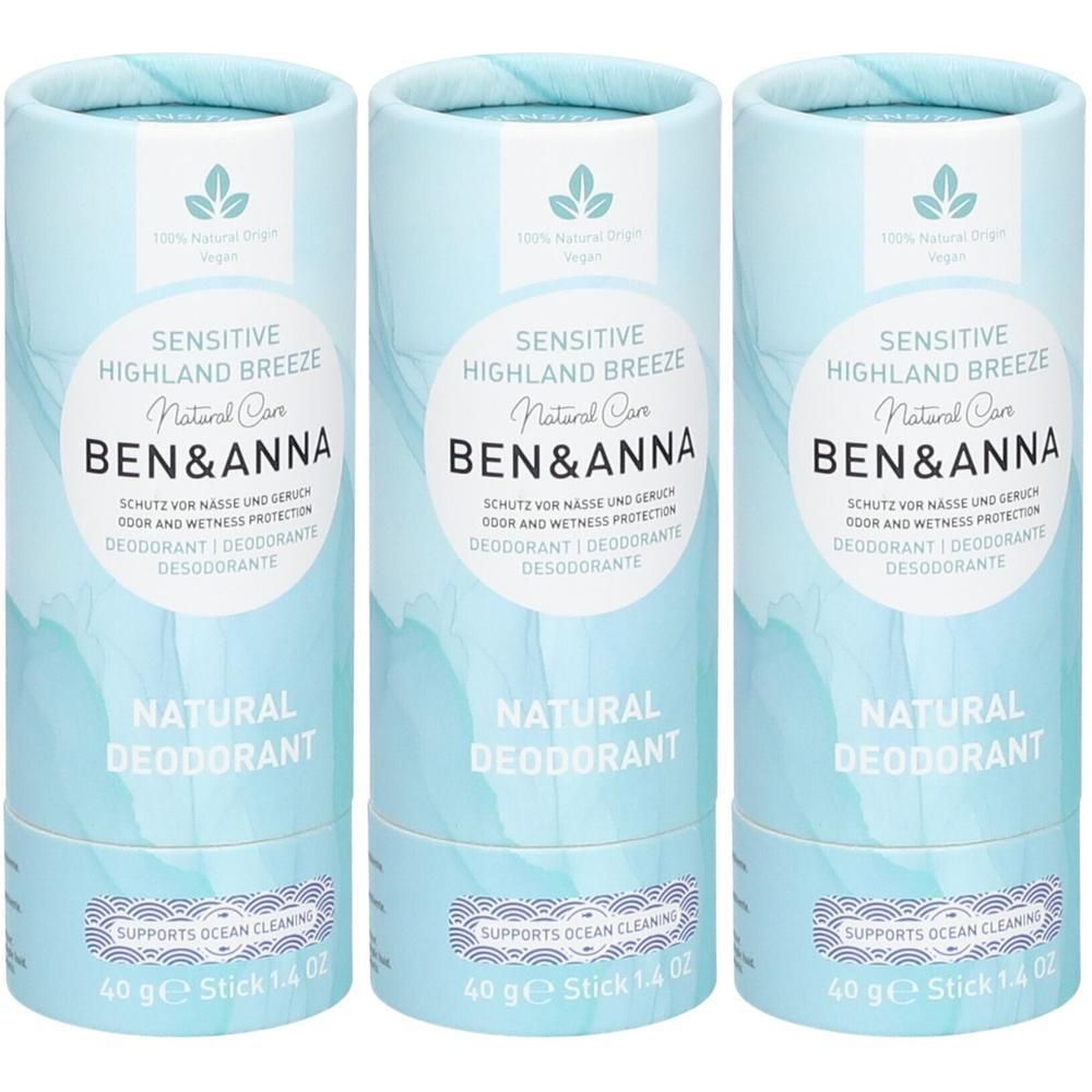 Trois déodorants naturels Ben & Anna Sensitive Highland Breeze en tube papier.