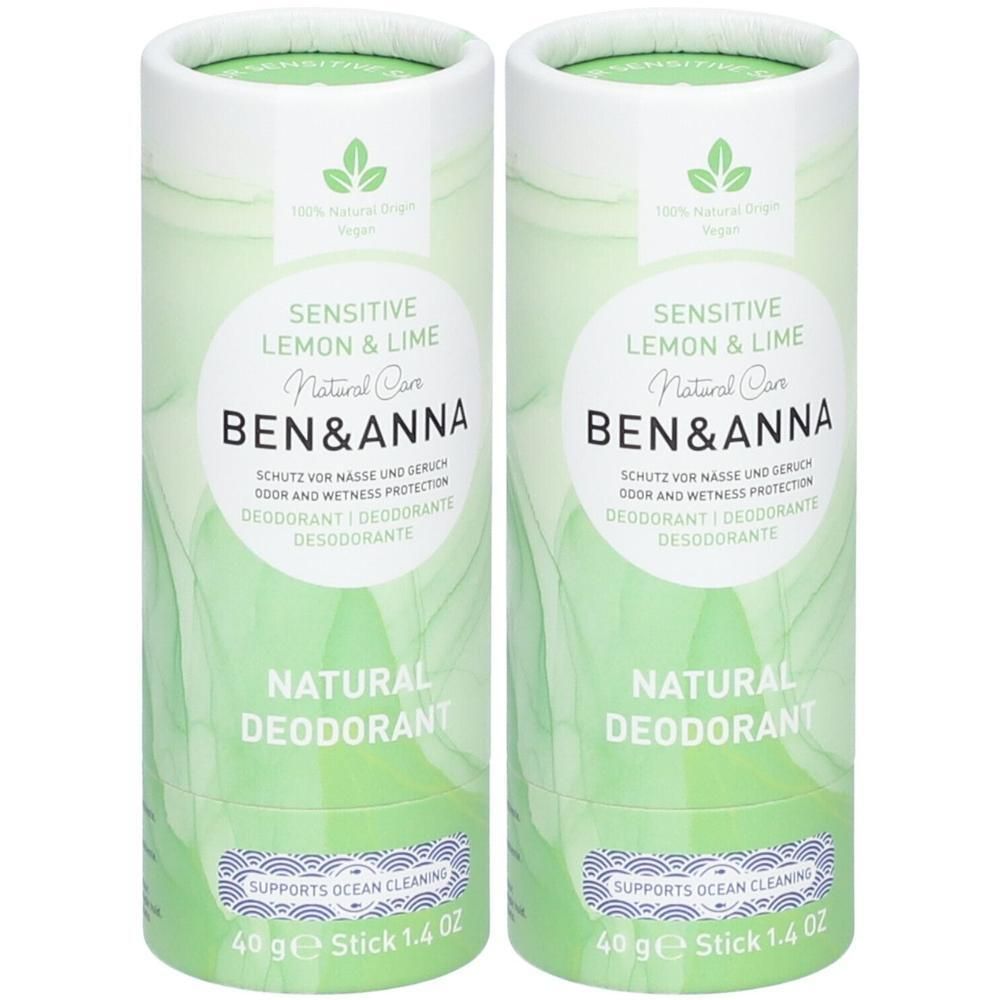 Deux déodorants naturels Ben & Anna en tube papier, parfum Citron & Citron vert.