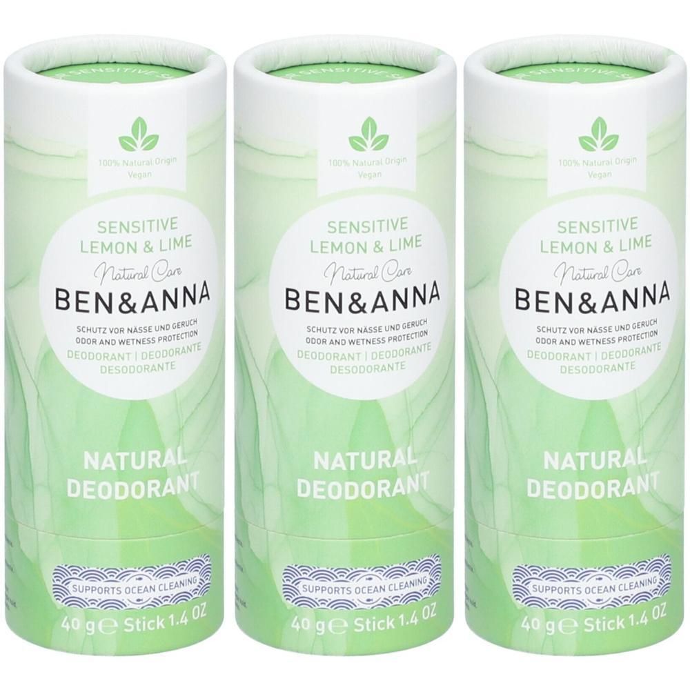 Trois déodorants naturels Ben & Anna en tubes de papier, parfum Citron & Citron vert, pour peaux sensibles.