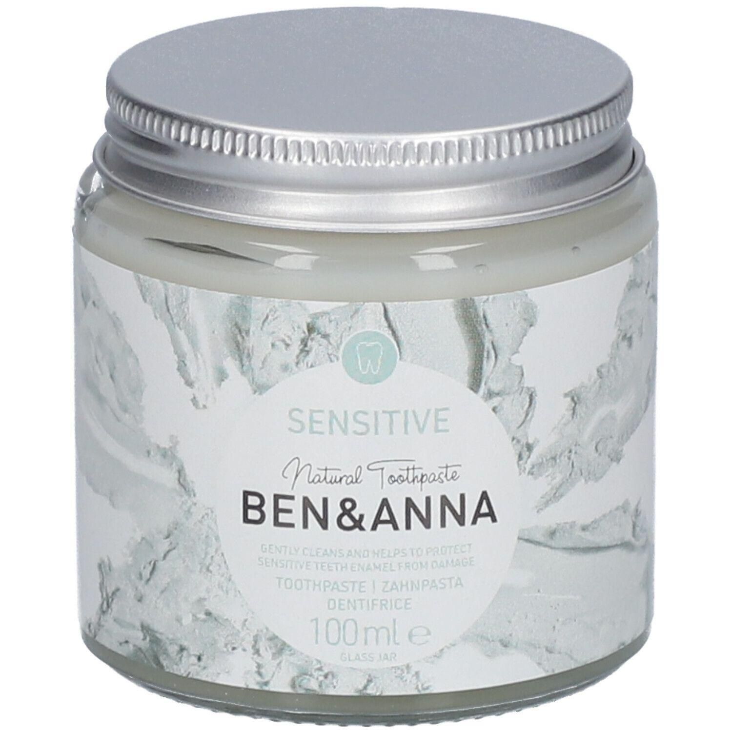 Dentifrice naturel Ben & Anna Sensitive en pot de verre avec couvercle argenté. 100ml.