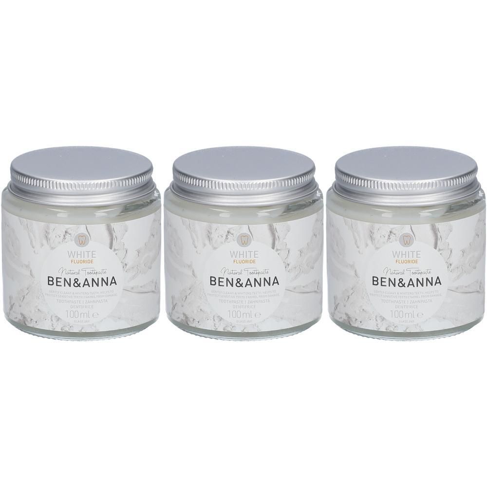 Drie potten BEN & ANNA White Fluoride natuurlijke whitening tandpasta, 100ml.
