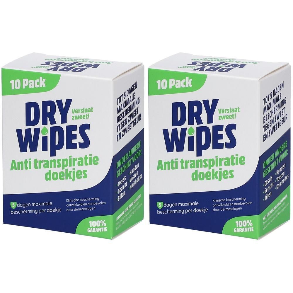 Twee pakken Dry Wipes anti-transpiratie doekjes, 10 stuks per pak.