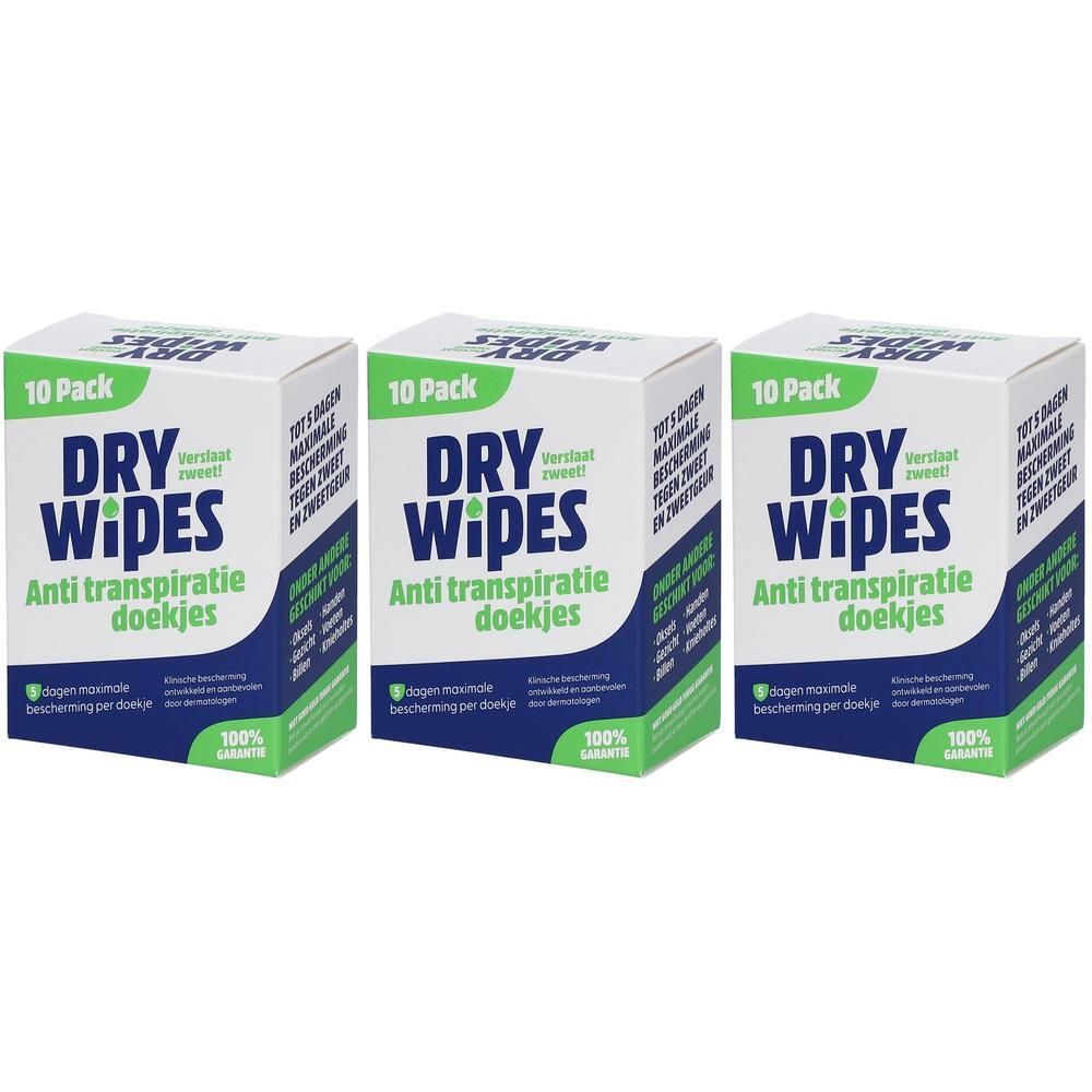 Drie pakken Dry Wipes anti-transpiratie doekjes, 10 stuks per pak.