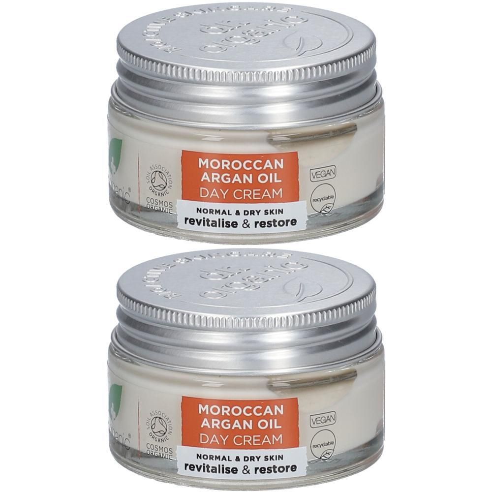 Twee potjes Dr. Organic Arganolie Dagcrème voor normale tot droge huid.