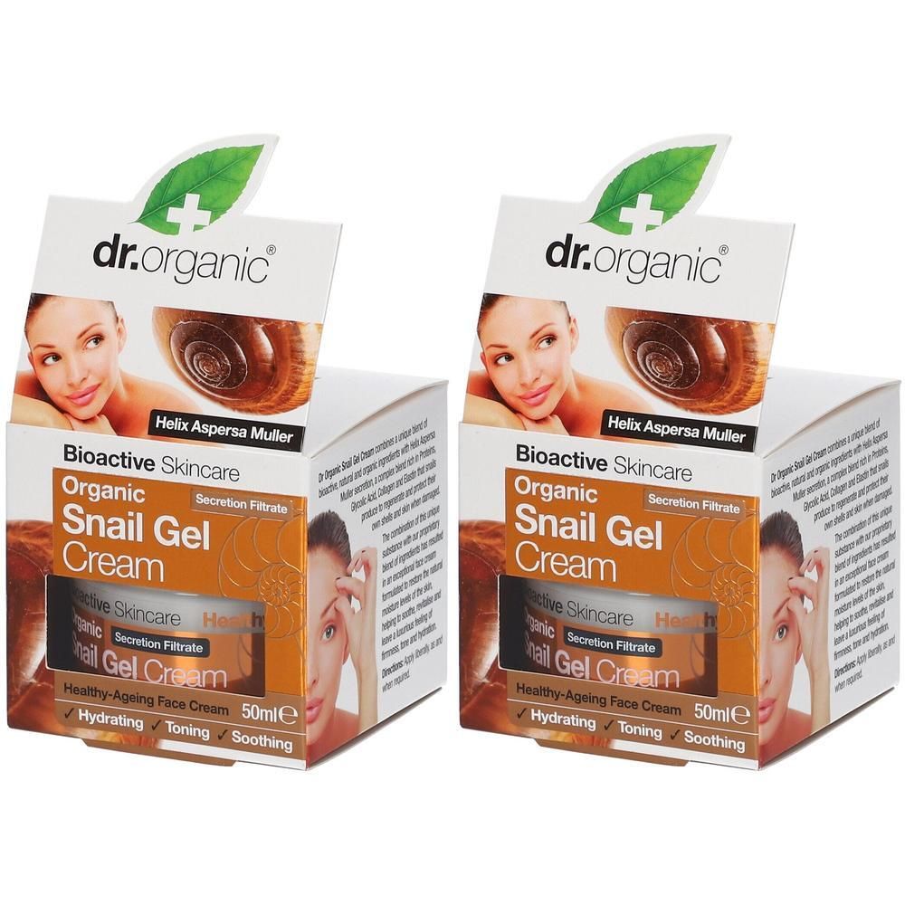 Twee verpakkingen Dr. Organic Biologische Slakken Gel Crème met Helix Aspersa Muller Secreet Filtrat.