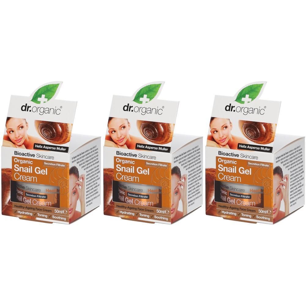 Trois boîtes de Dr. Organic Snail Gel Cream avec visage de femme et d'escargot. Soin de peau bioactif.