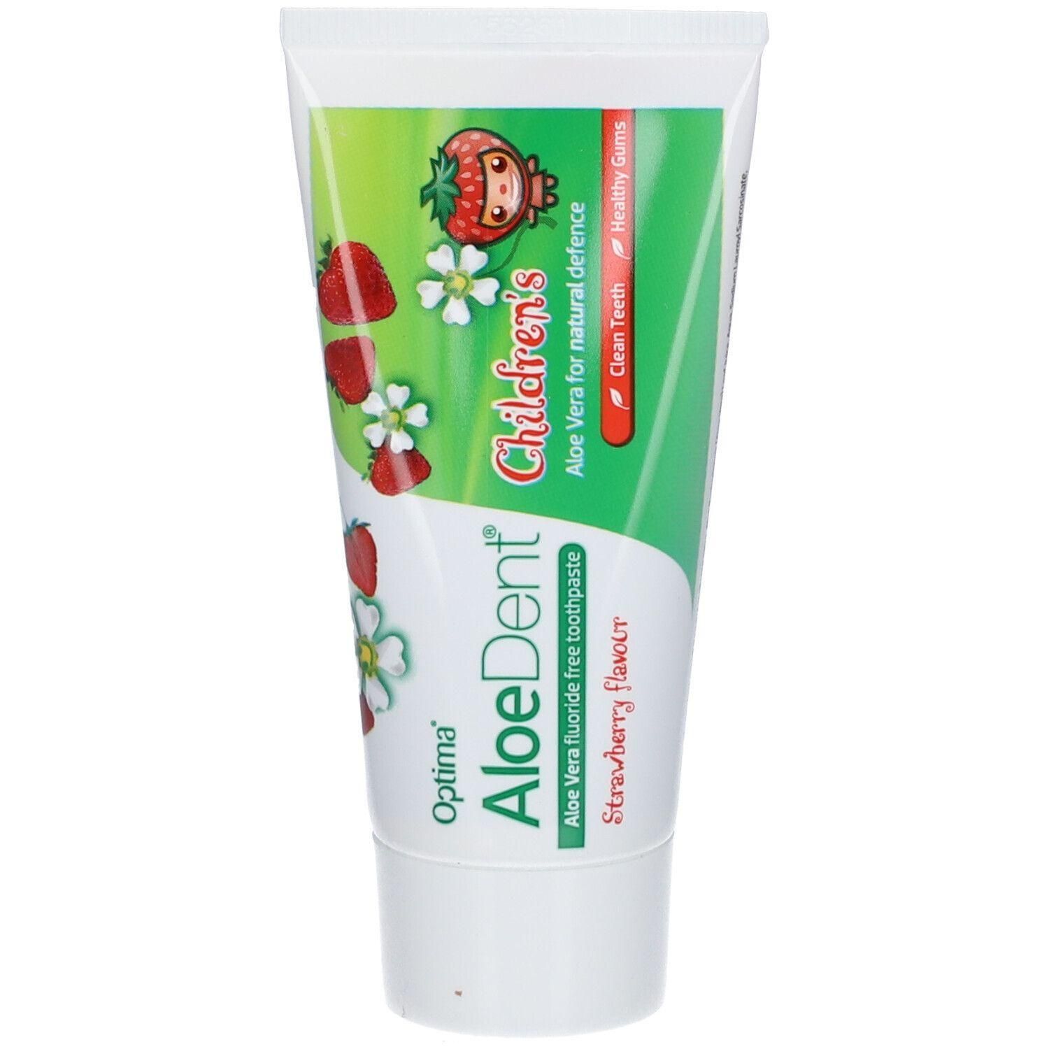 Dentifrice enfant AloeDent, saveur fraise, sans fluor, à l'aloe vera.