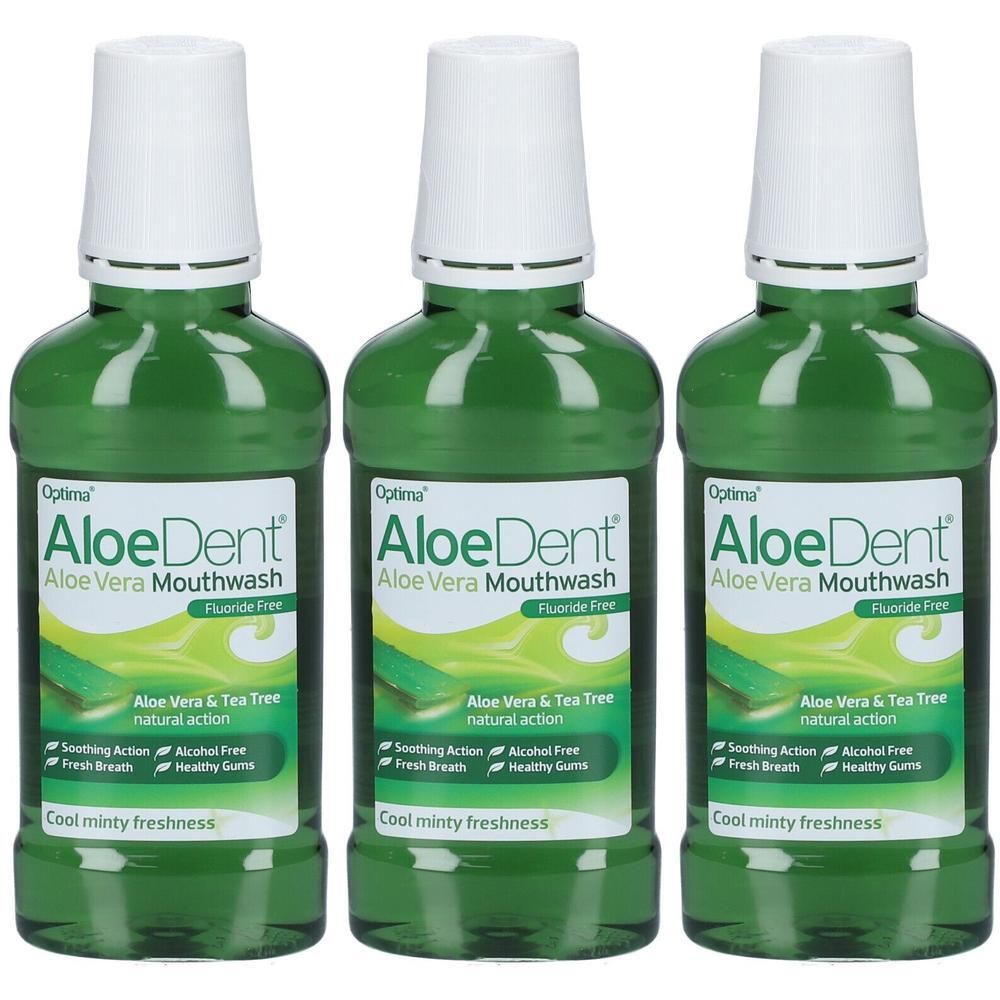 Drie flessen AloeDent Aloë Vera Mondwater, fluoridevrij. Groene flessen met witte dop.
