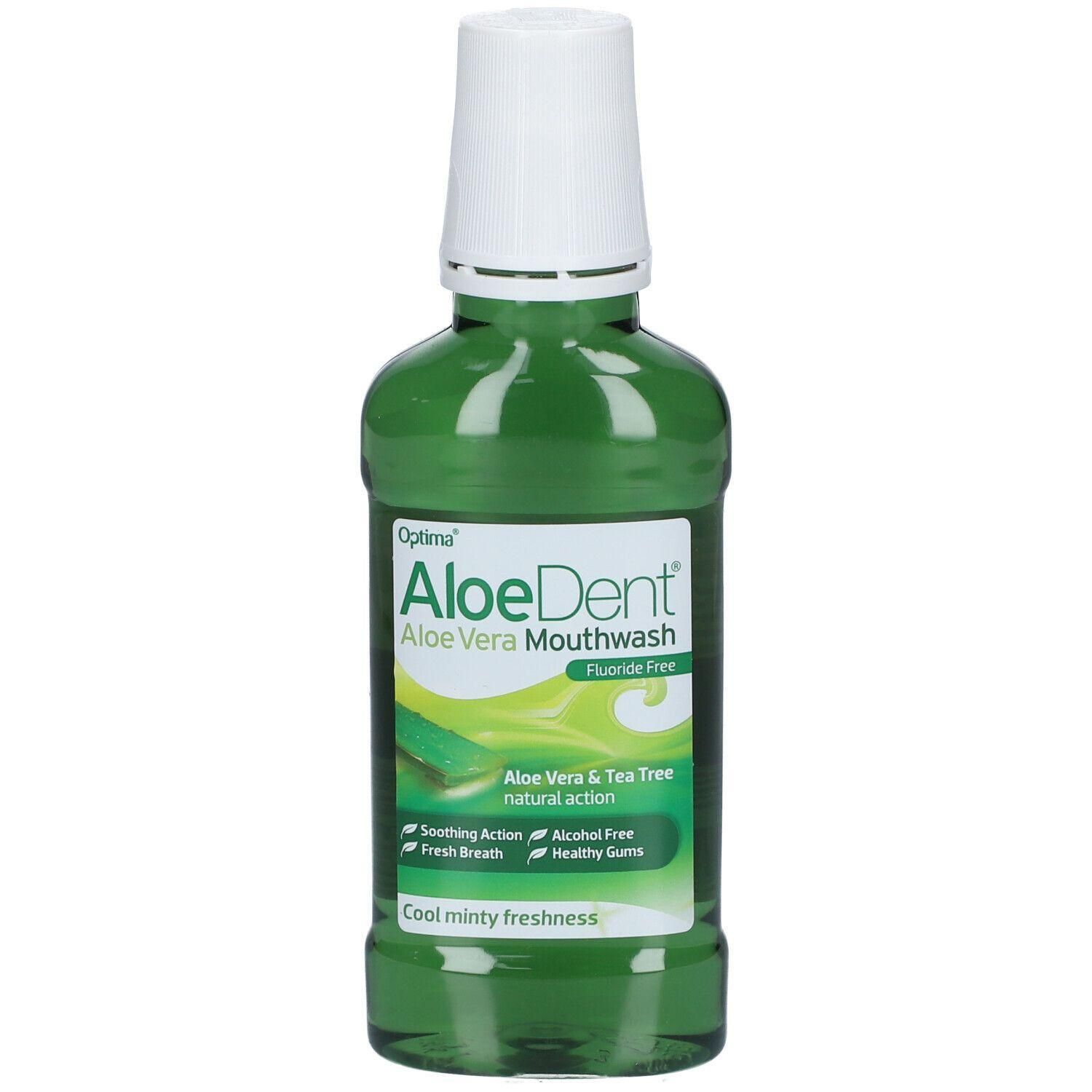 Groene fles AloeDent Aloe Vera Mondspoeling, Fluoridevrij. Met Aloë Vera & Tea Tree.