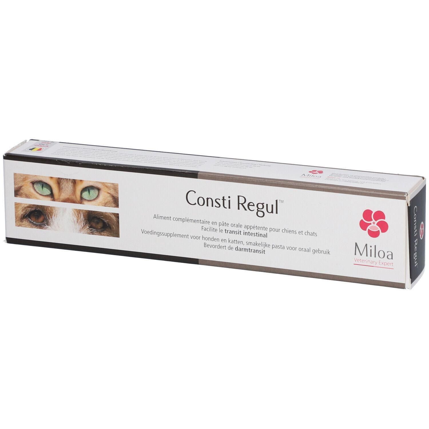Verpakking voor Miloa Consti Regul, een supplement voor honden en katten.