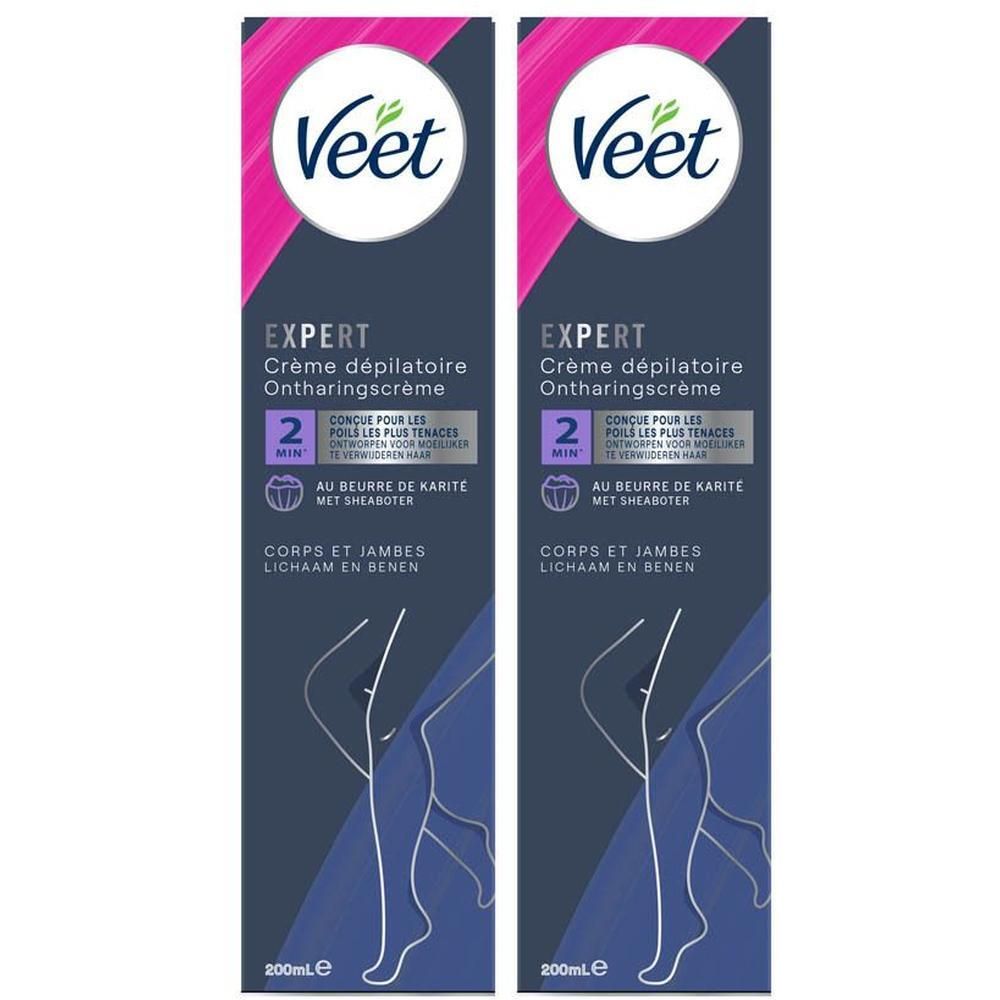 Deux paquets de crème dépilatoire Veet Expert Corps et Jambes, 200ml.