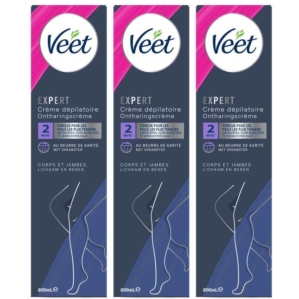 Trois paquets de crème dépilatoire Veet Expert pour le corps et les jambes.