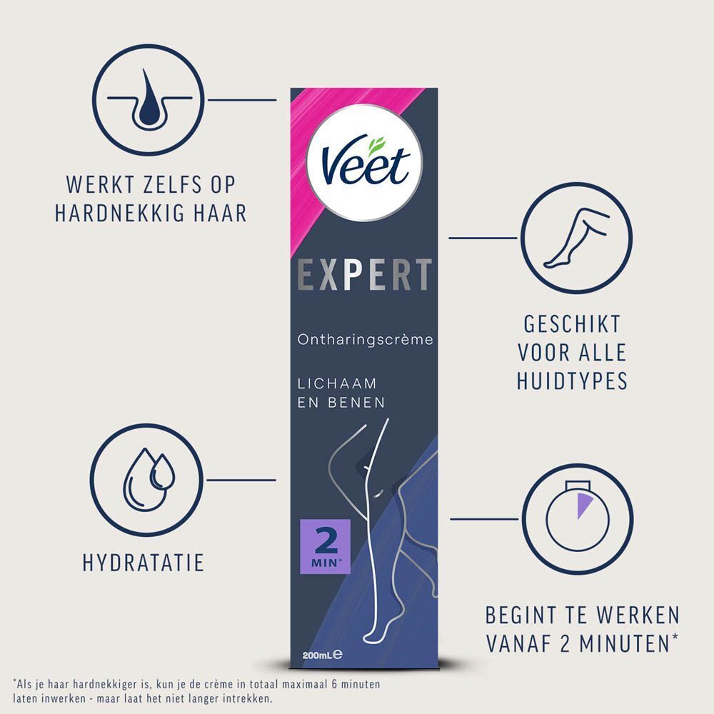 Veet Expert ontharingscrème: werkt op hardnekkig haar, hydrateert, voor alle huidtypes, werkt vanaf 2 minuten.