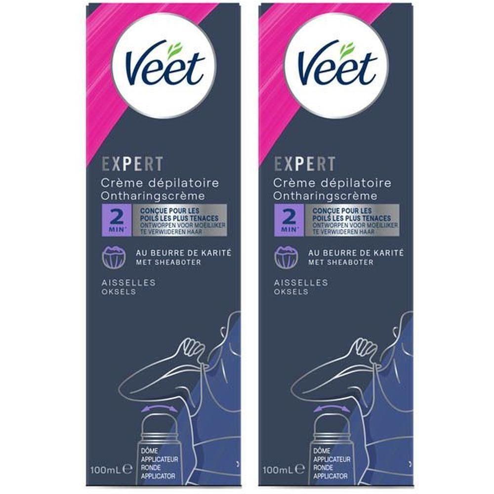 Deux paquets de crème dépilatoire Veet Expert pour aisselles au beurre de karité.