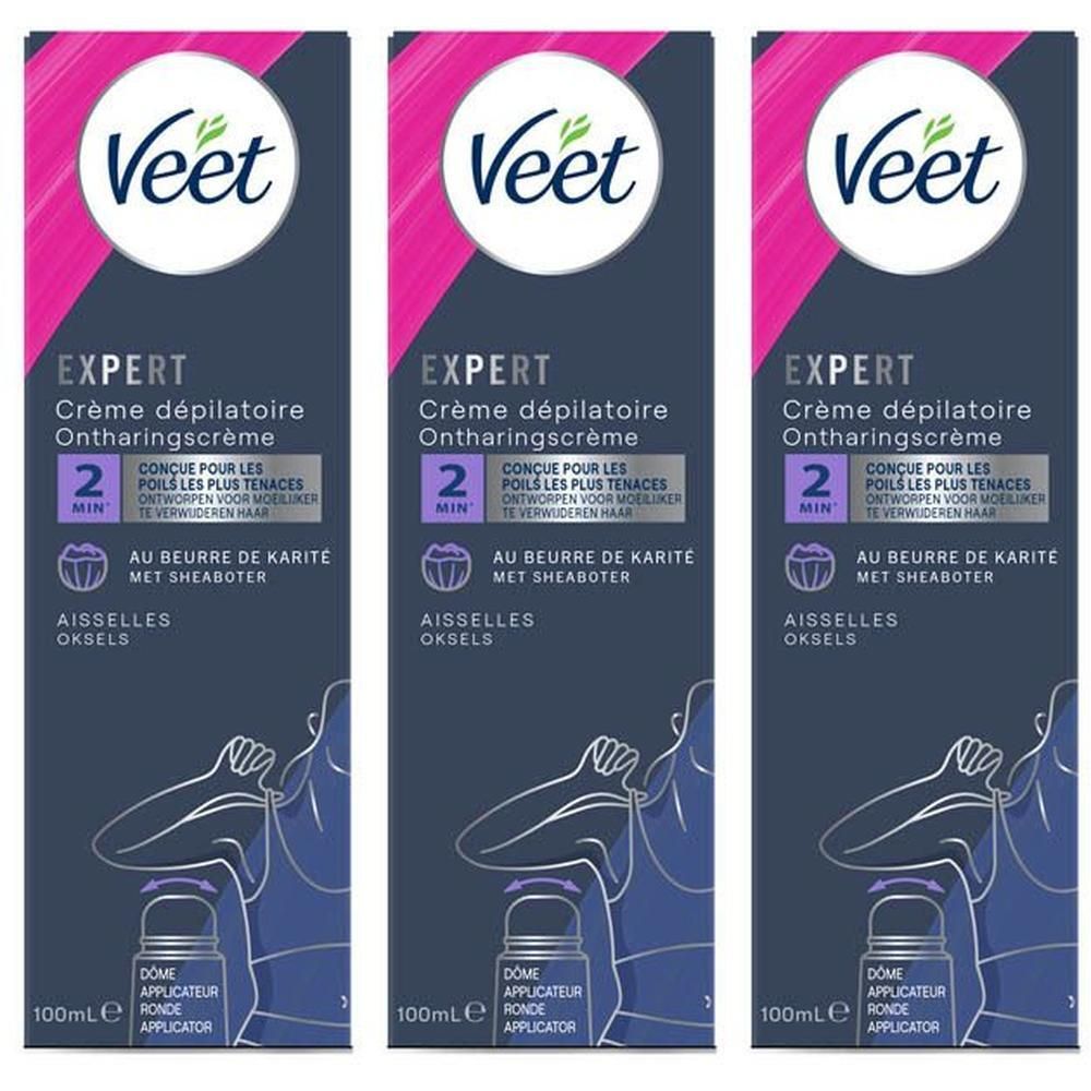 Trois paquets de crème dépilatoire Veet Expert pour aisselles avec applicateur.