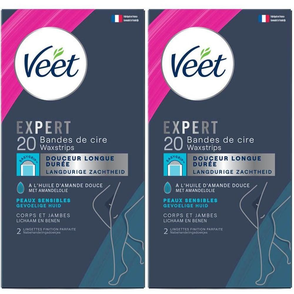 Deux paquets de Bandes de Cire Veet Expert Corps et Jambes, 20 bandes.