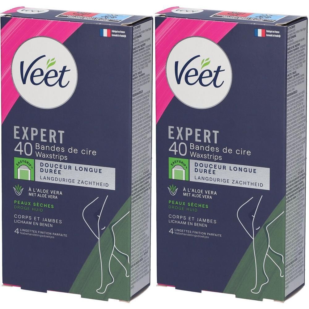 Twee pakken Veet Expert ontharingsstrips voor lichaam en benen, 40 strips totaal. Voor droge huid.