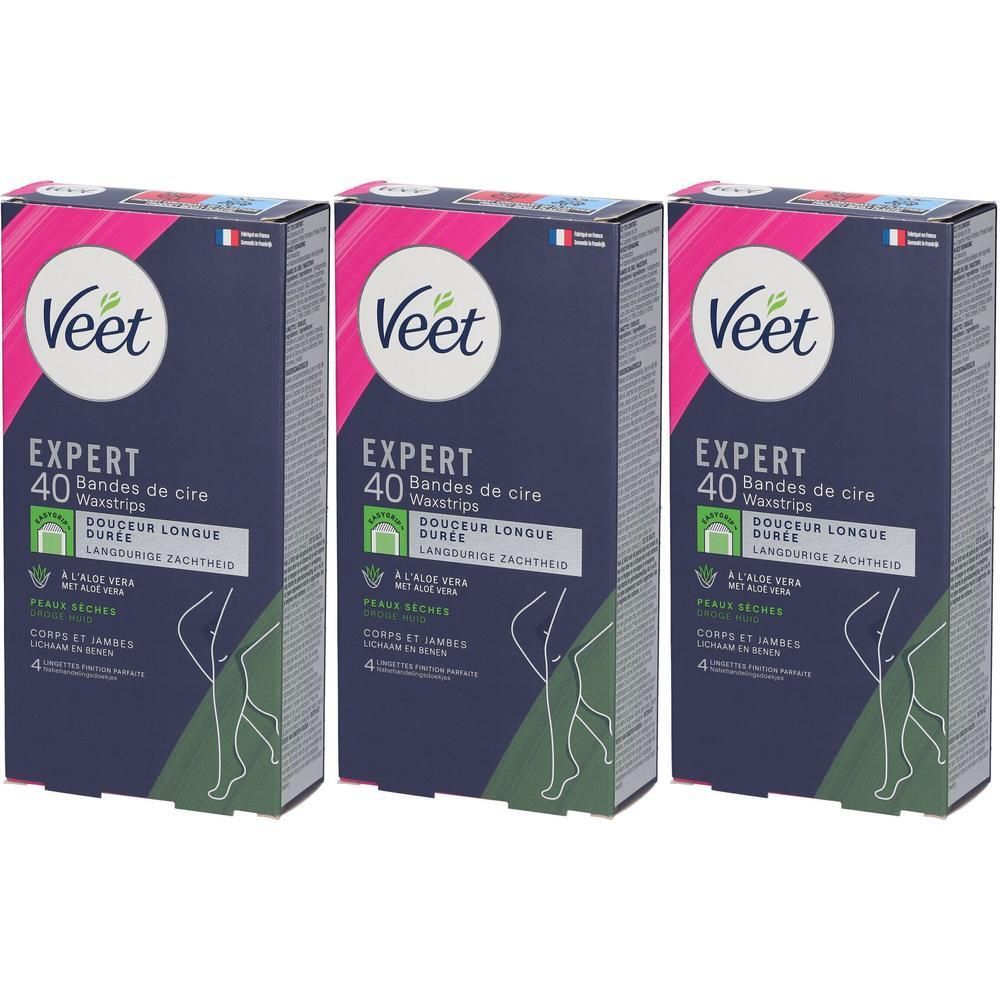 Trois paquets de bandes de cire Veet Expert pour peau sèche. 40 bandes par paquet.