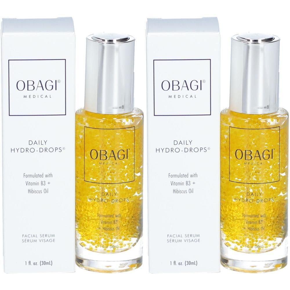 Twee flacons Obagi Daily Hydro-Drops® gezichtsserum met vitamine B3 en hibiscusolie.