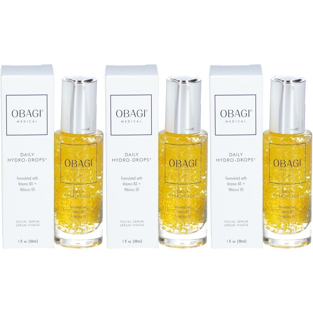 Drie flacons Obagi Daily Hydro-Drops® gezichtsserum, geformuleerd met vitamine B3 en hibiscus extract.