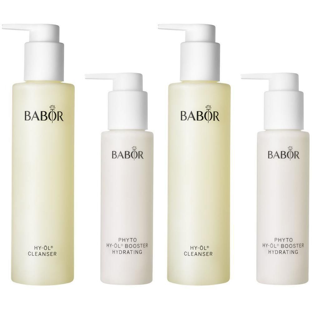 Deux flacons BABOR HY-ÖL Cleanser et deux flacons Phyto HY-ÖL Booster Hydrating avec pompes.