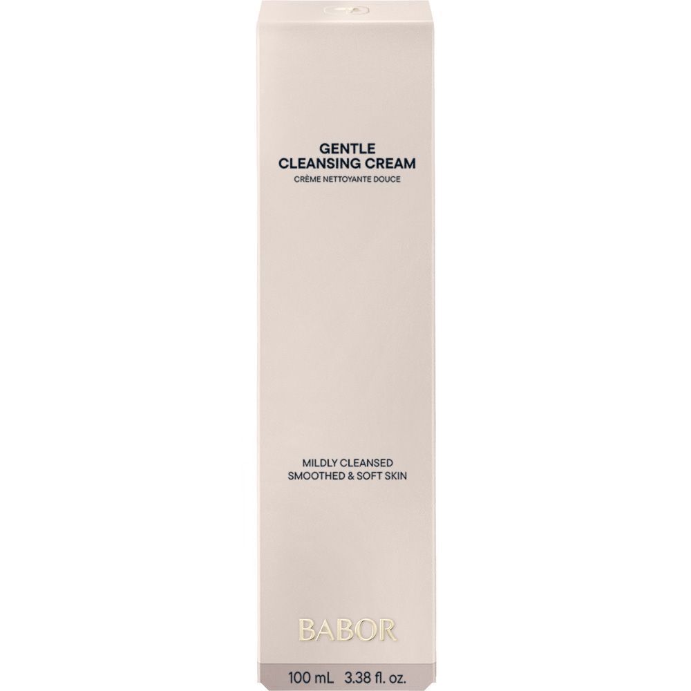 Een witte verpakking voor BABOR Gentle Cleansing Cream met productinformatie.
