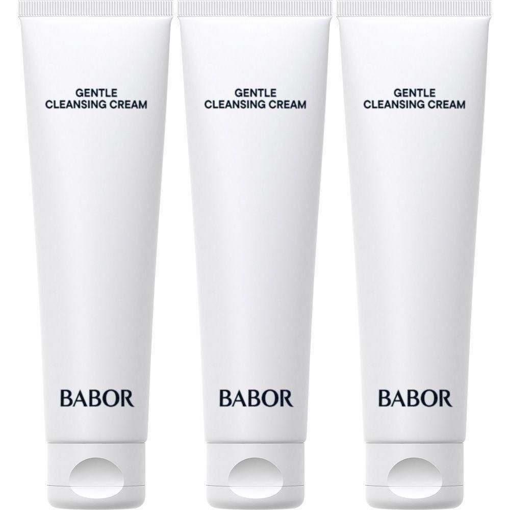 Trois tubes blancs de BABOR Gentle Cleansing Cream avec un bouchon à rabat blanc.
